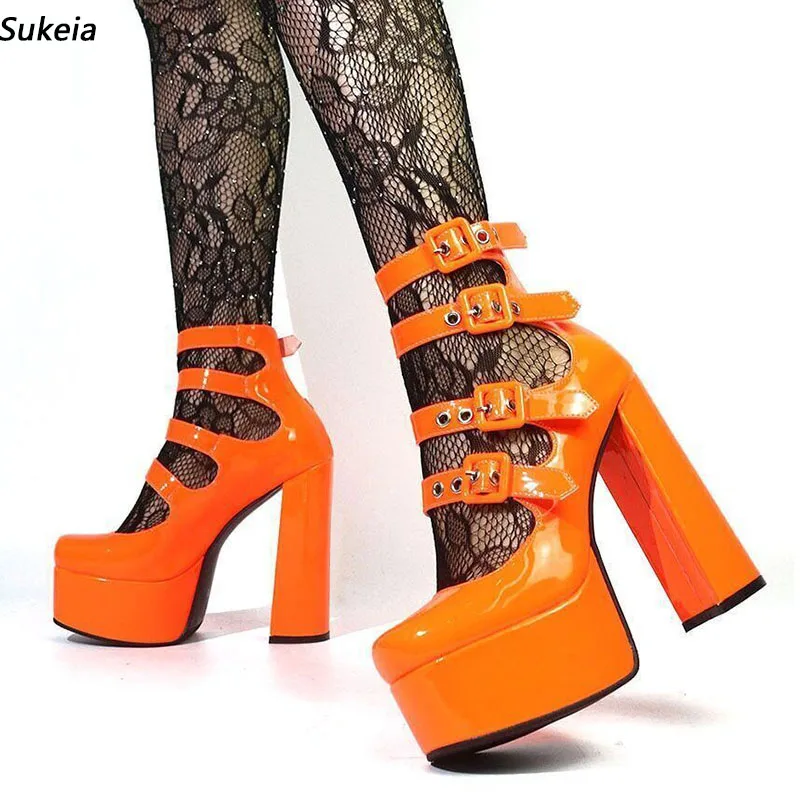 

Sukeia Handmade Women Pumps Patent Leather Buckle Round Toe Hoof Heel Pretty Orange Party Shoes Ladies US Plus Size 5-15