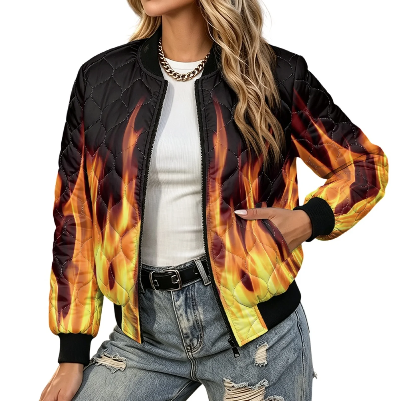 PENSTROLL Flame Theme Ladies Long Sleeve Quilted Zipper Padded Bomber Coat Water-Resistant Cardigan Puffer Jacket for Travel