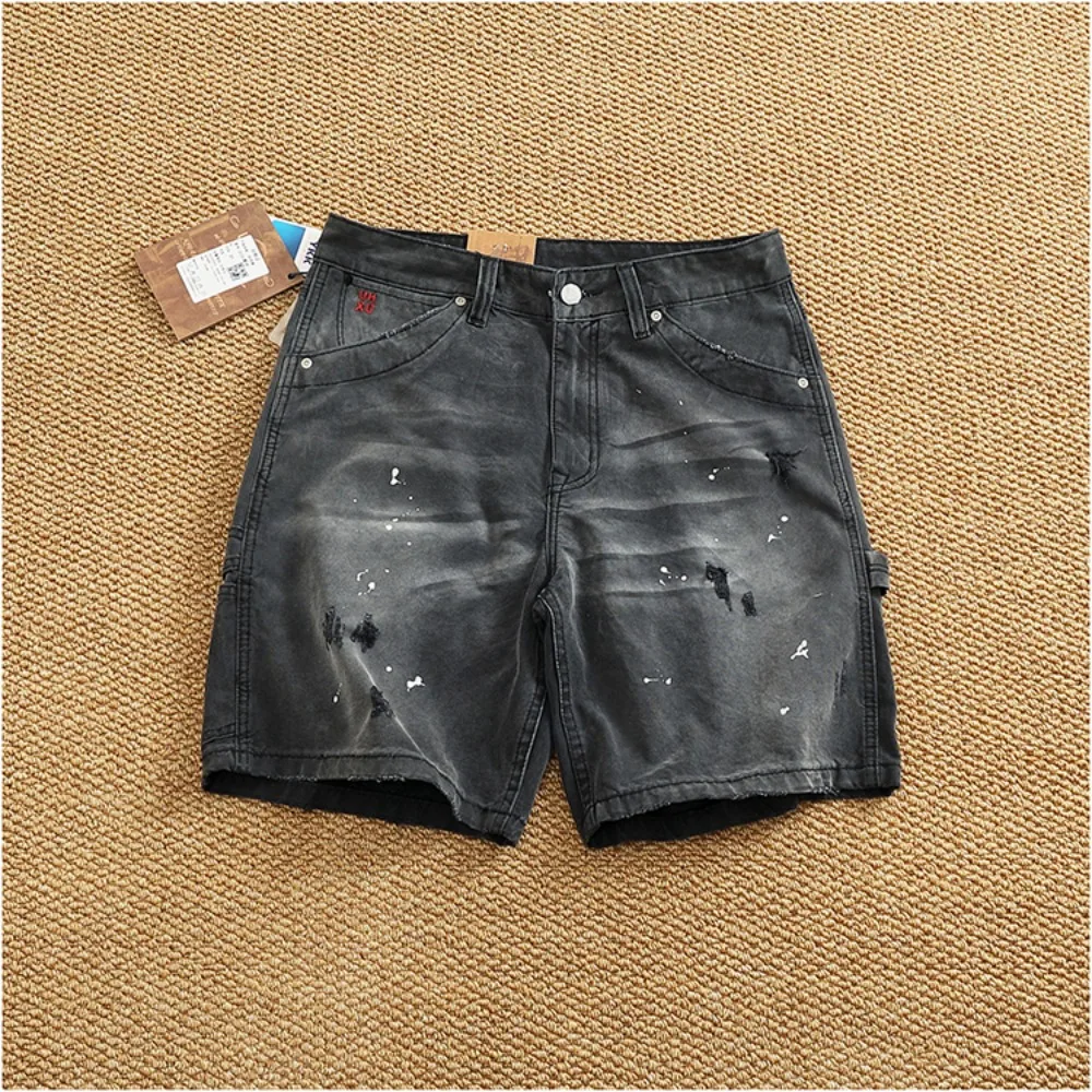 Shorts de trabalho retrô para homens, pintados com spray, envelhecidos, lavados, algodão puro, tecido pesado, solto, reto, calças capri