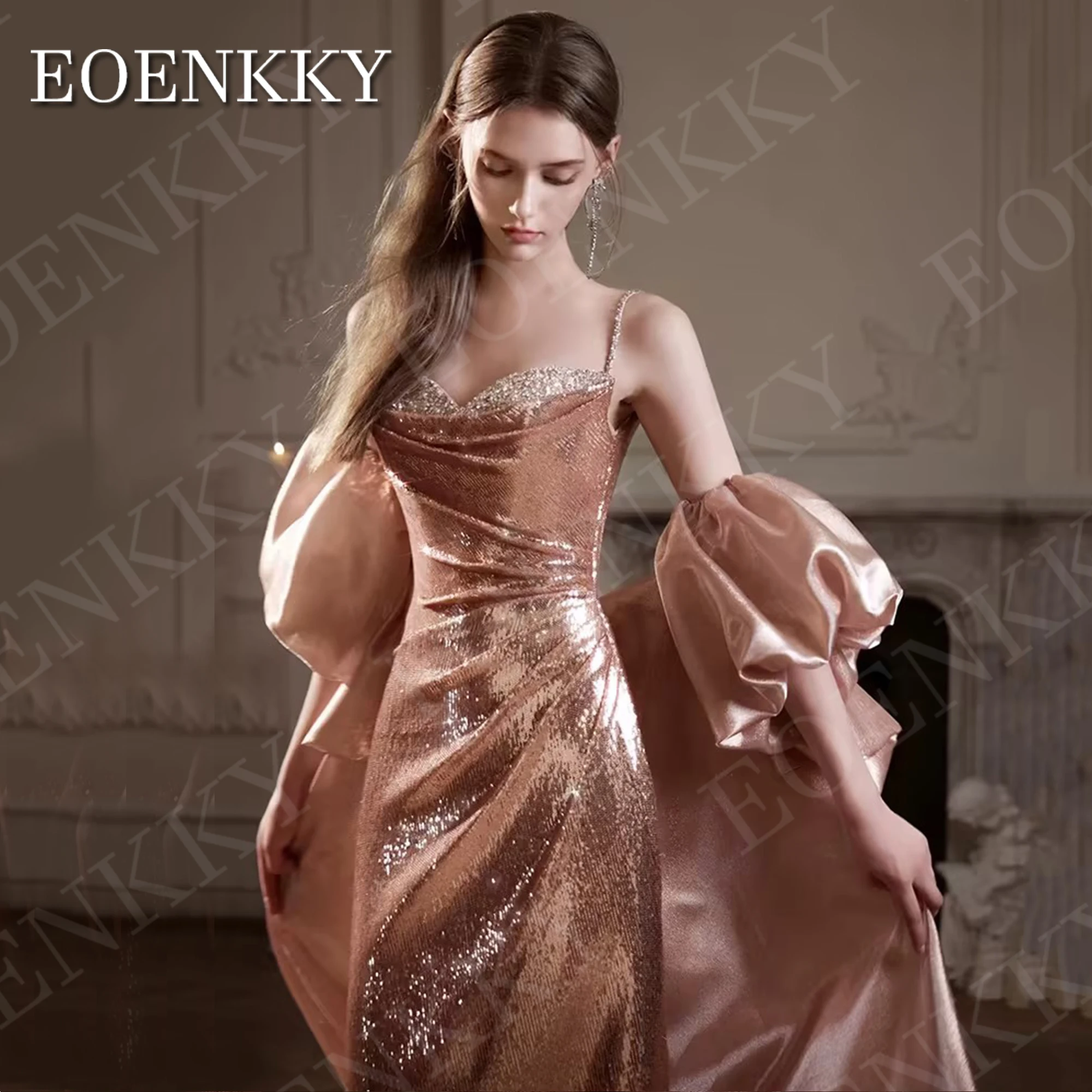 EOENKKY Long Mermaid Evening Dresses Glitter Sequin Spaghetti Strap Sweetheart Neck Prom Party Dress Detachable Train Customized