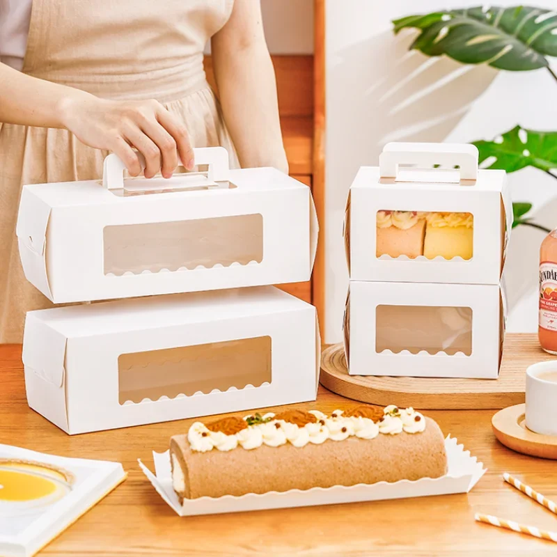

Белая бумажная коробка для торта с джемом, визуальная длинная полоса, боковая открывающаяся коробка для торта, разрезанная на куски выпечка, портативная упаковочная коробка