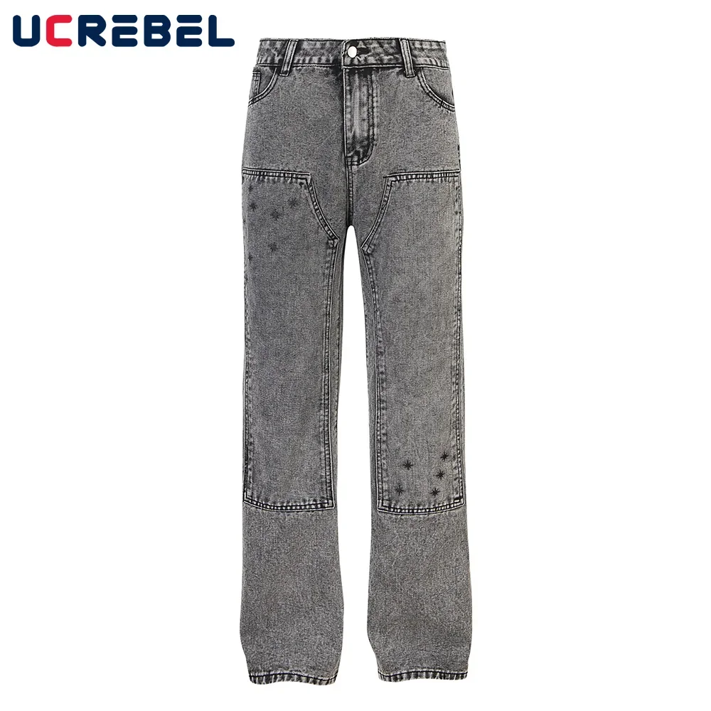 Washed Distressed Double Knee Jeans Mens High Street Straight Loose Flare Pants Men Trousers