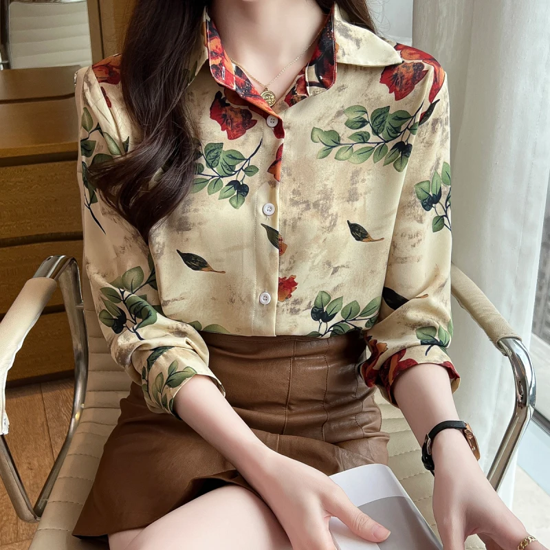 Women Spring Simplicity Office Lady Floral Silk Elegant Polo-Neck Long Sleeve Shirts Women Clothes Casual All-match Vintage Tops