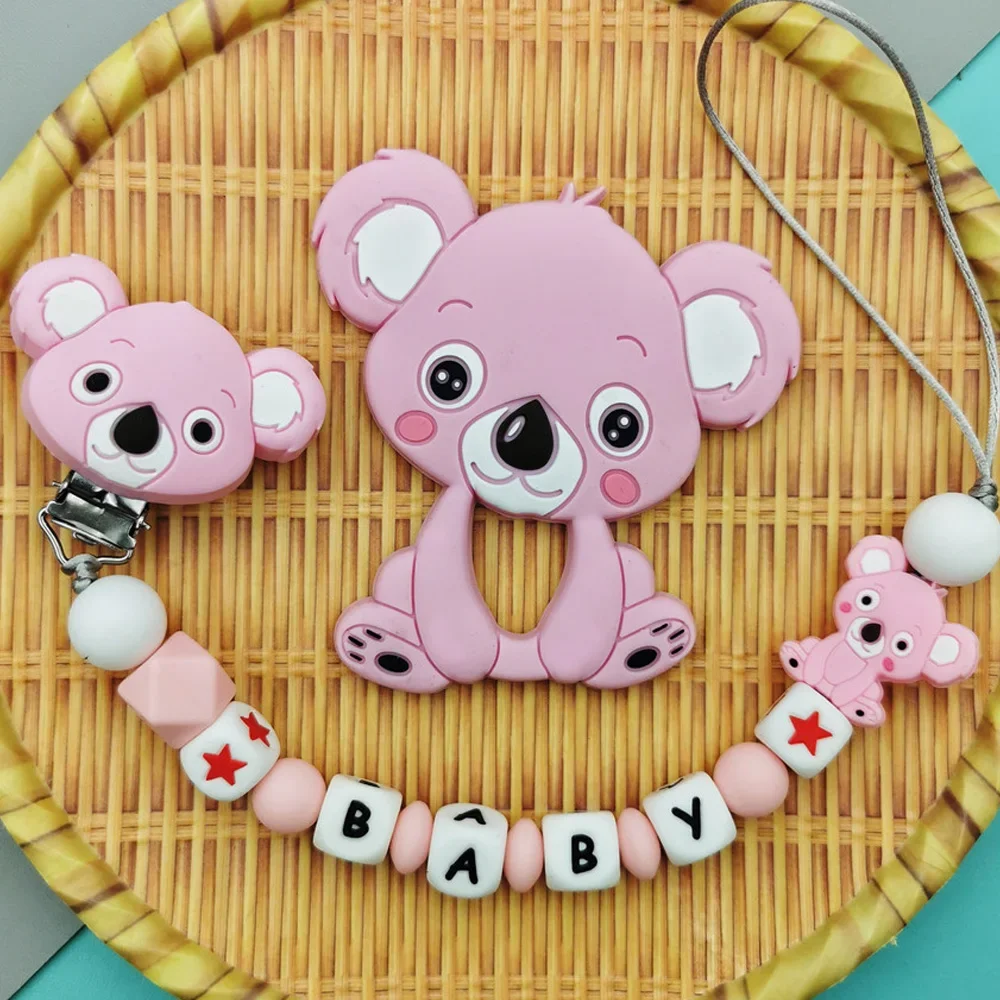 Aangepaste Engels Russische Siliconen Letter Naam Baby Koala Siliconen Hanger Fopspeen Clips Kettingen Bijtring Baby Kawaii Speelgoed Geschenken