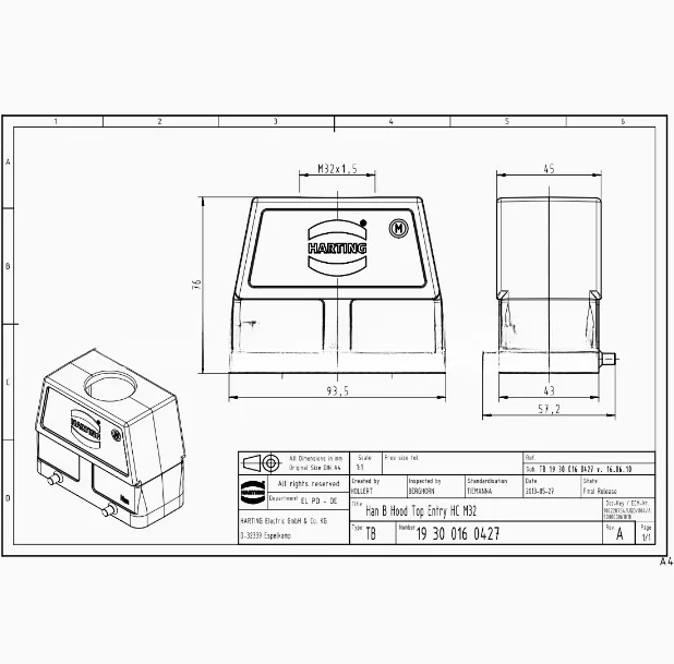 1pcs 19300160427 HARTING H16B HAN 16B-HTE-M32 Upper Housing Heavy-Duty Connector Housing