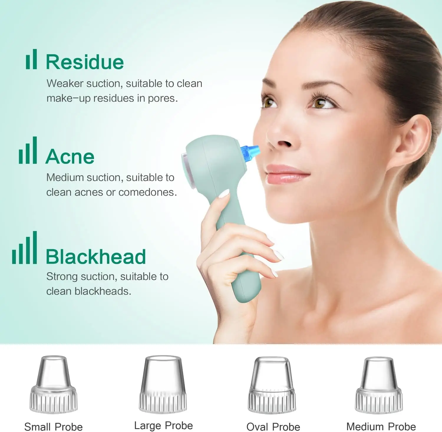 Waterproof Facial Cleansing Brush with LCD Screen, Blackhead Remover Vacuum, 5 Brush Heads for Exfoliating in Green