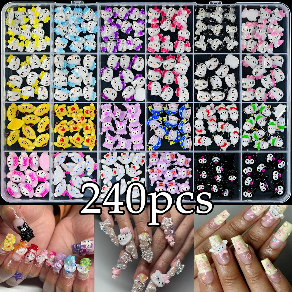 240pcs Kawaii Hello Kitty Flat Back Nail Charms Y2K Mix My Melody Kuromi Pochacco Sanrio Nail Decoration Cartoon Manicure Parts