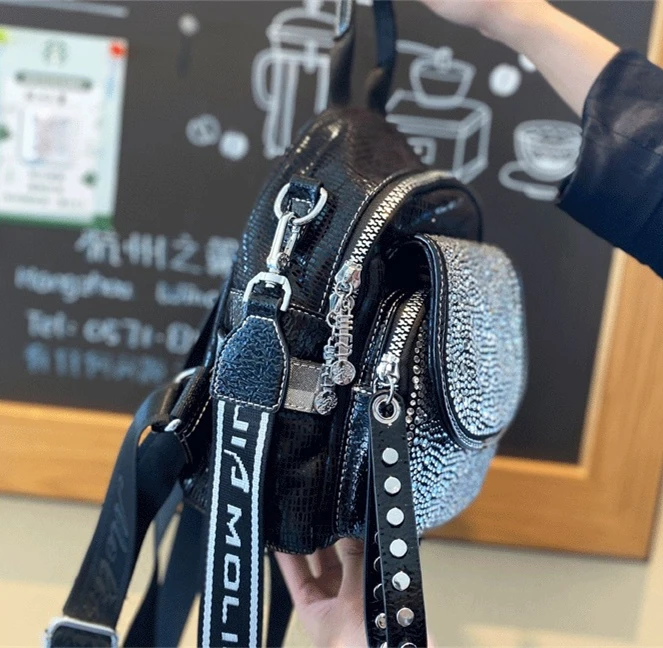 High Quality Female Fashion Artificial Leather Rhinestone Everyday Daypack Lady Travel Black Convertible Backpack Shoulder Bag