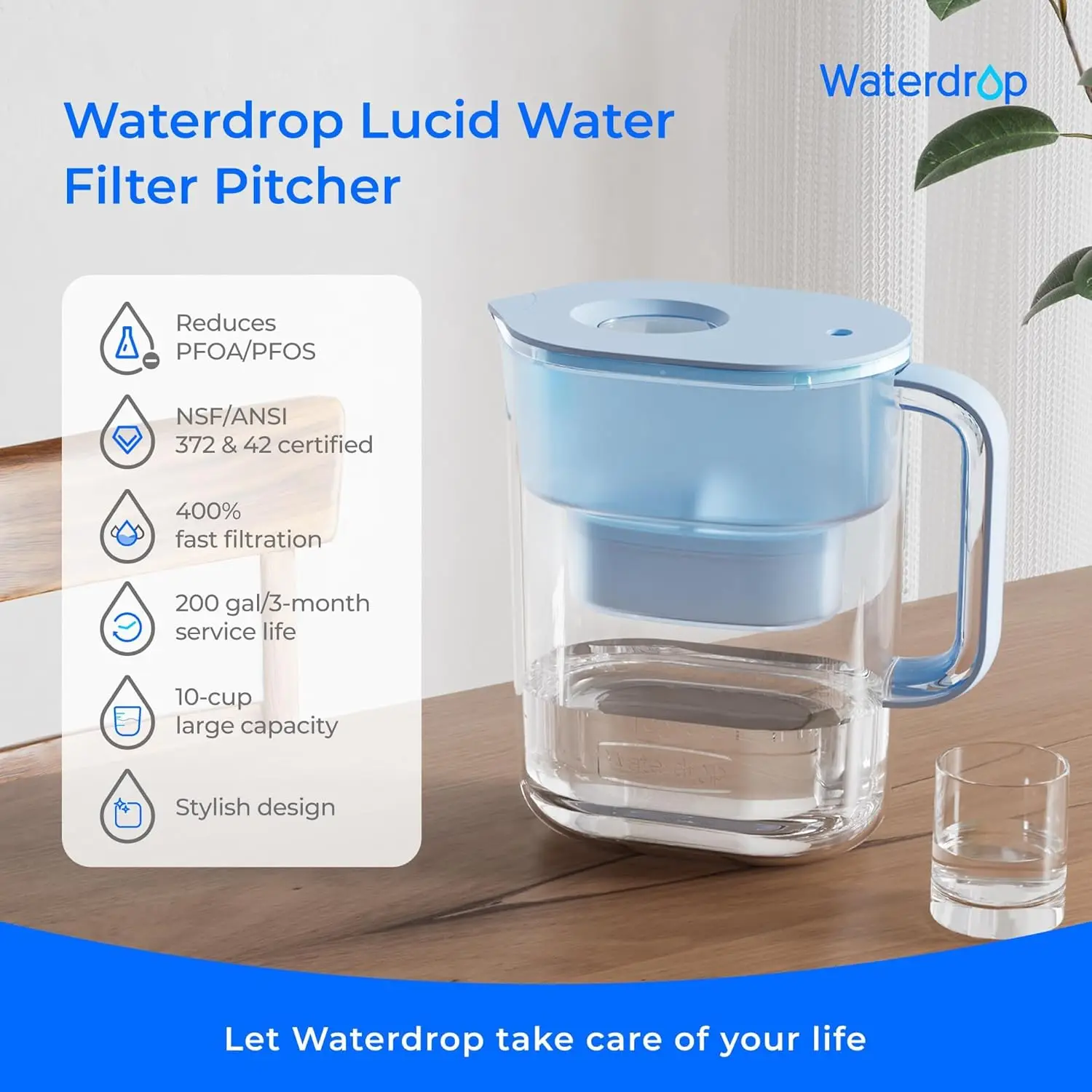 Waterdrop PT-07B Water Filter Pitcher with 2 Filters, 10-Cup, NSF Certified, 600-Gallon Long-Life, Improved Coffee & Tea Taste, Reduces PFOA/PFOS, Chlorine, 5X Longer Filter Life, Blue