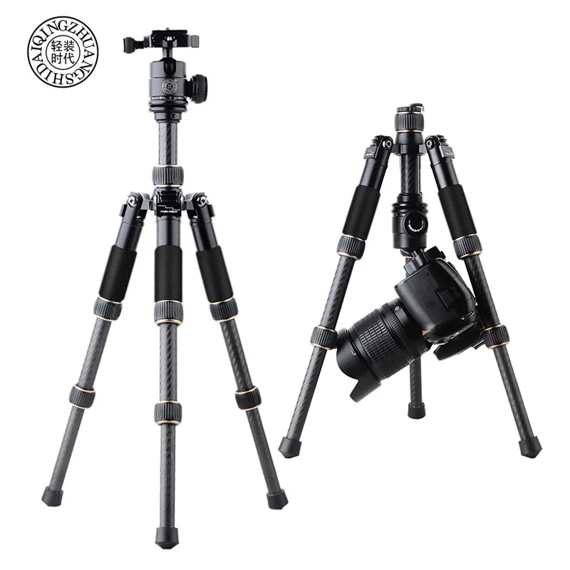 QZSD Q166C Mini Professional Carbon Fiber Camera Tripod Extendable Travel Video Tripod with Ball Head and Quick Release Plate