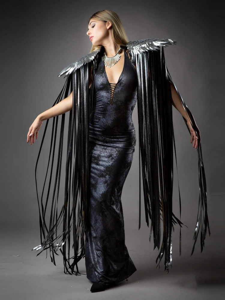 

EOENKKY Gothic Sequin Fringe Tassel Wings Cover Ups Unisex Y2K 2024 Cosplay Costumes Capes Streetwear Beach Party Shawl Cloak