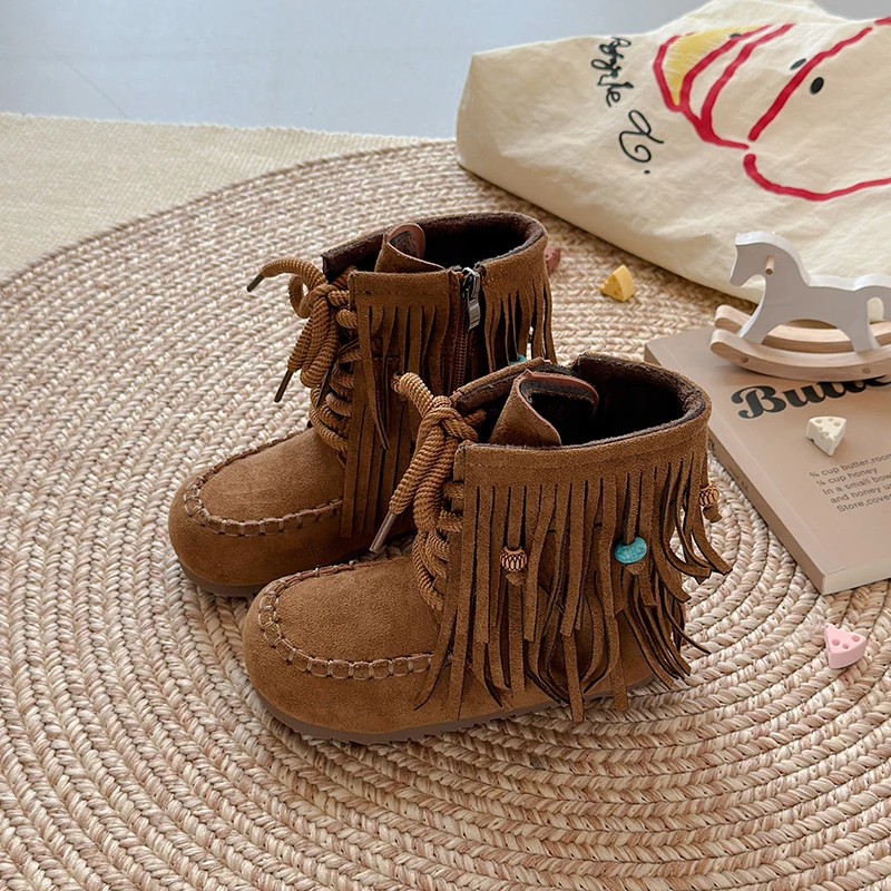 الجلد المدبوغ لطيف الفتيات الأحذية 2025 الخريف والشتاء موضة جديدة شرابة مطرز تصميم المضادة للانزلاق الرجعية أنبوب قصير أحذية الموضة. #5