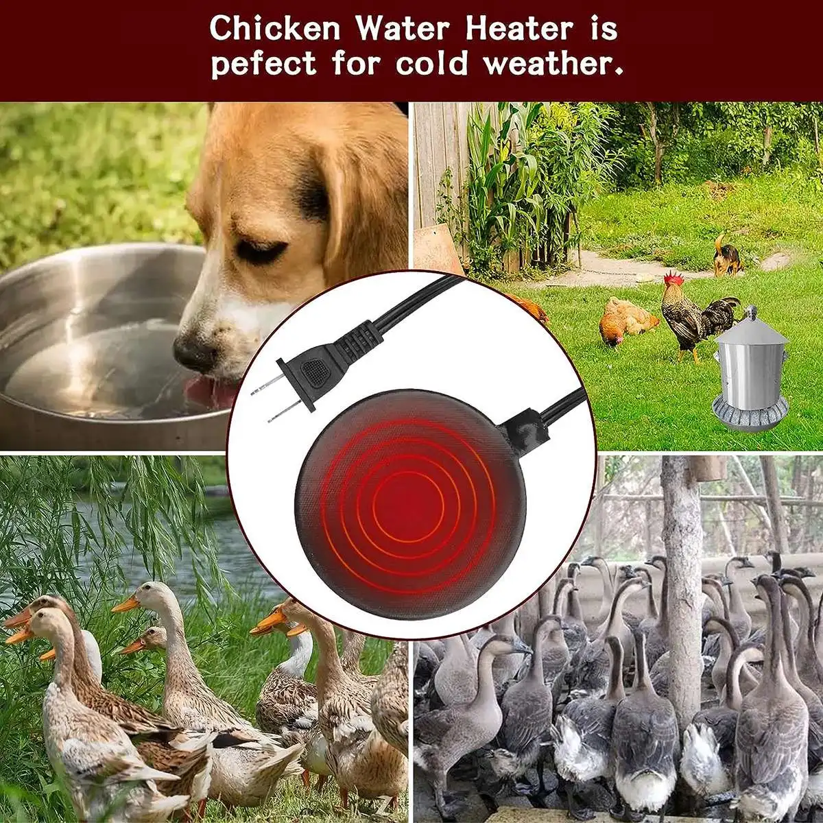 #(Upgraded)24.5cm Poultry Water Heater Chicken Water Heater Base 60W Deicer Heated Base Chicken Drinker Heated Pad US Plug