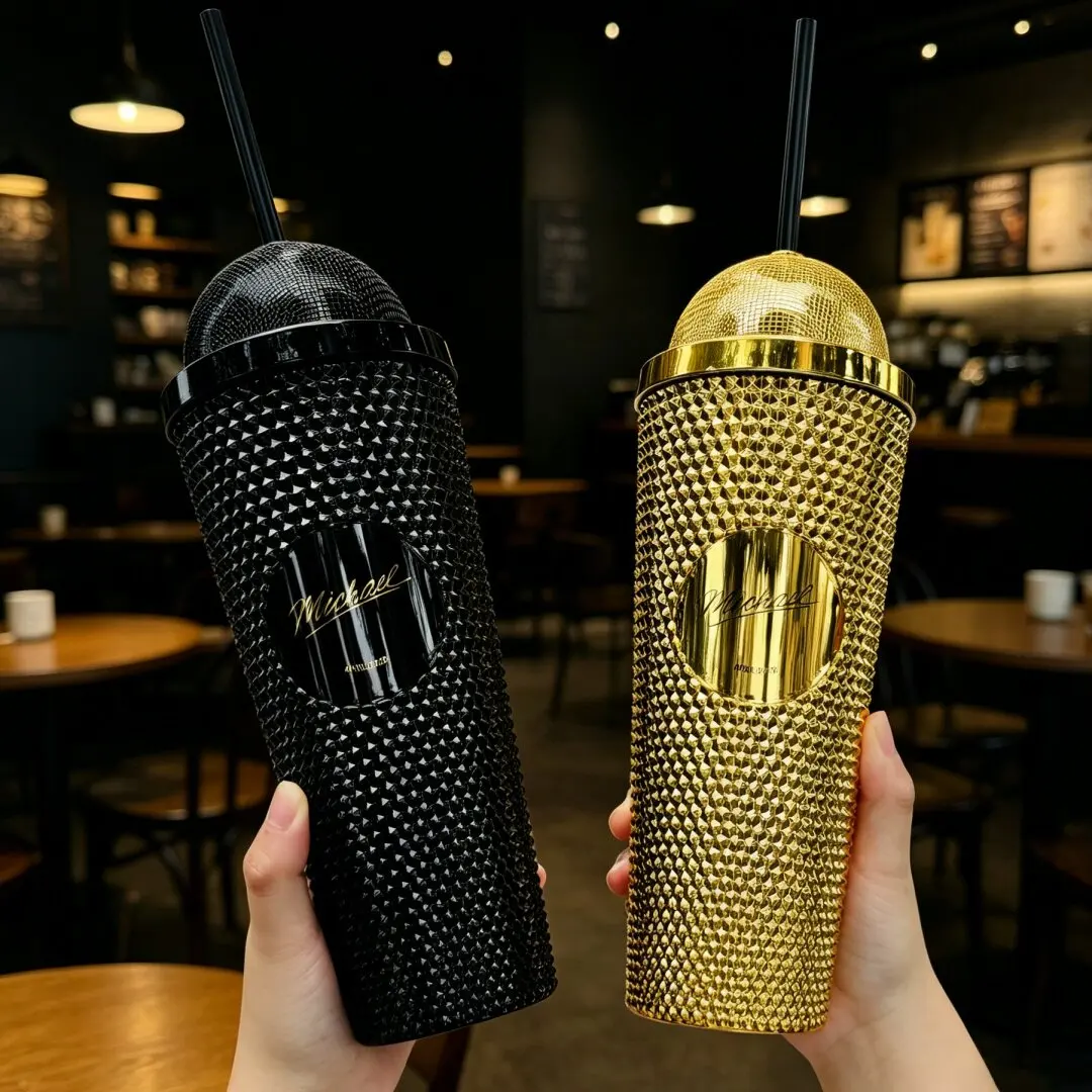 Hot Michael Rhine Stone Tumbler Creative Straw Bling Drinking Cup Fedora Hat Microphone Shape Collectible Boy Girl Travel Gift