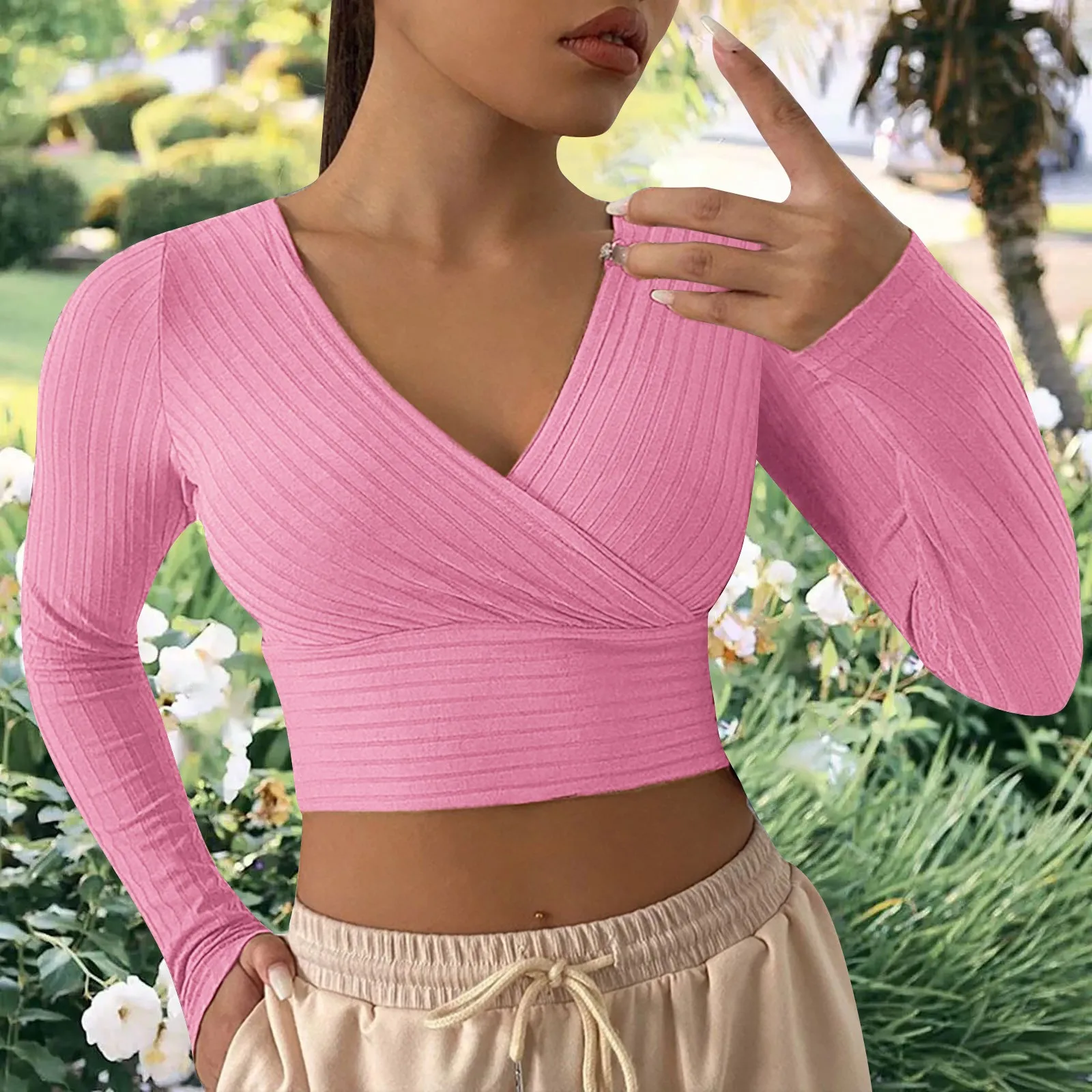 Sexy Cross Wrap V Neck Ribbed Knit T Shirt Women\'s Crop Tops Sexy Slim Fit Solid Spring Fall Long Sleeve Y2k Clothes Pink Tops