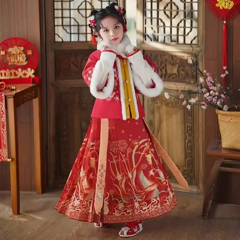 

Новый ретро китайский Hanfu зимний комплект с юбкой из конского лица