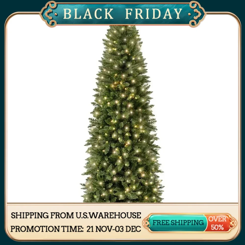 Pencil Christmas Tree, Skinny Spruce Slim Holiday Decoration w/ 1,075 Tips, 350 Lights, Metal Hinges & Base