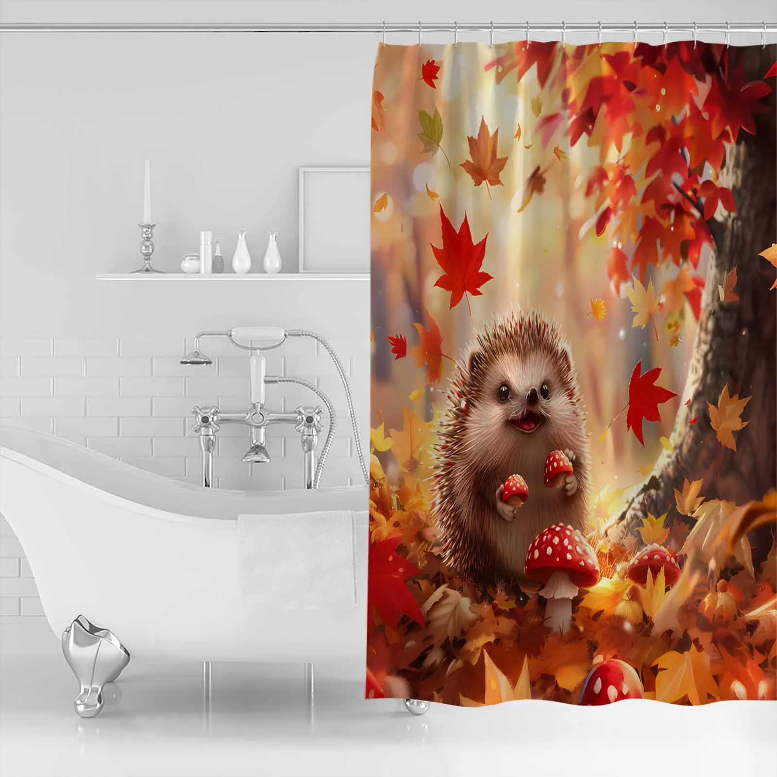 Autumn Maple Leaf Hedgehog Mushroom Shower Curtains Waterproof Bath Curtains Home Decor Modern Luxury Bathroom Curtain