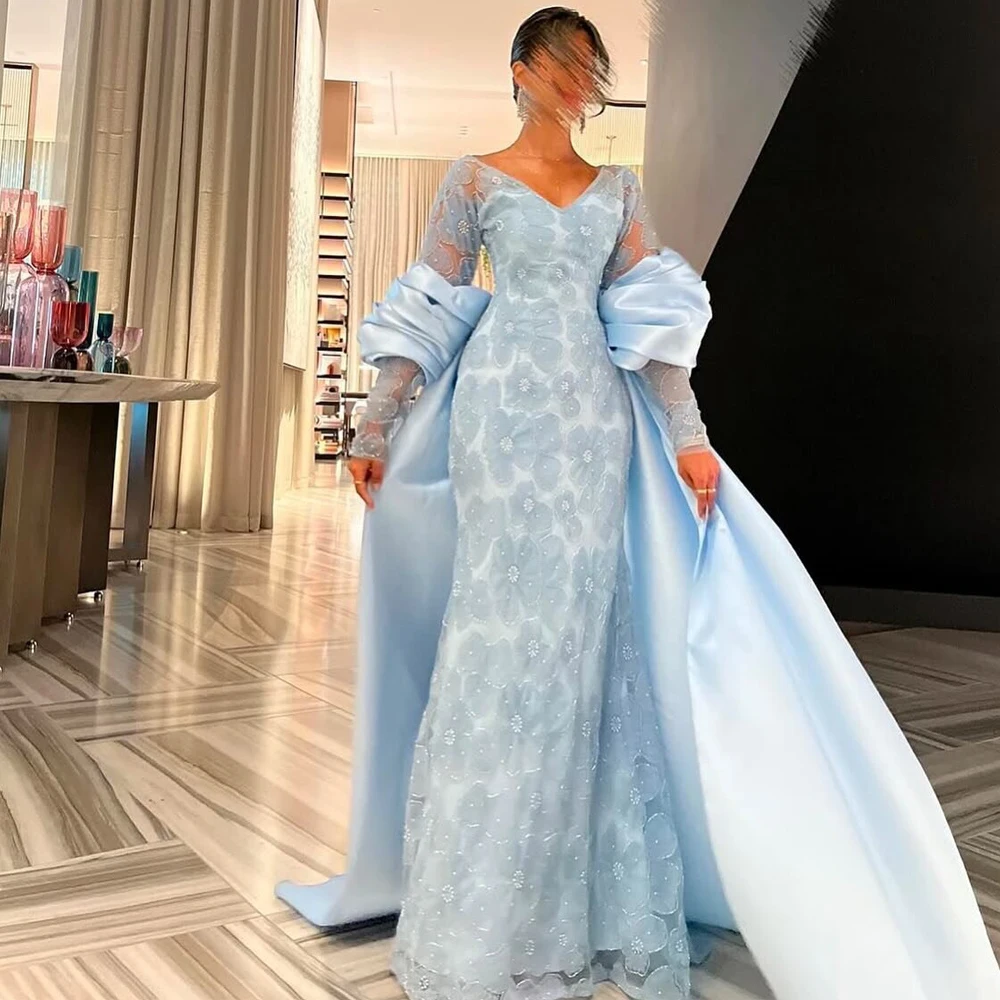 

Небесно-голубое вечернее платье по индивидуальному заказу с рукавами-накидкой и V-образным вырезом, сетчатыми рукавами, вечернее платье русалки, кружевные платья с вышивкой
