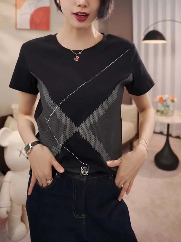 

Лето 2022, корейский дизайн с бриллиантами, сверкающий цвет, Blo ort Sve, футболка больших размеров, мясо, скрывающий, для поездок на работу, Sle