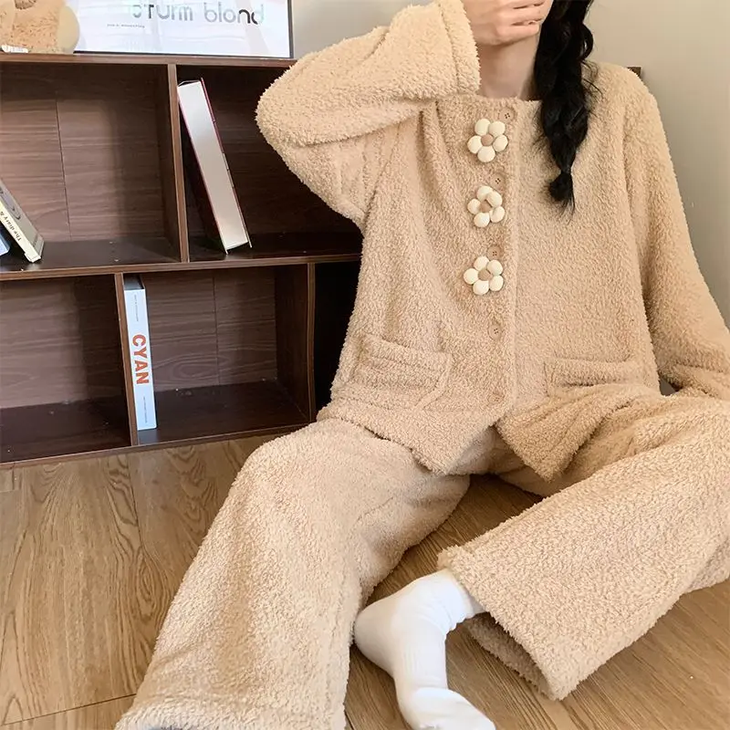 Korean Style Women's Pajama Set Long Sleeve Winter Warm Sleepwear Cozy Comfortable Loungewear Homewear Autumn New Model Suit