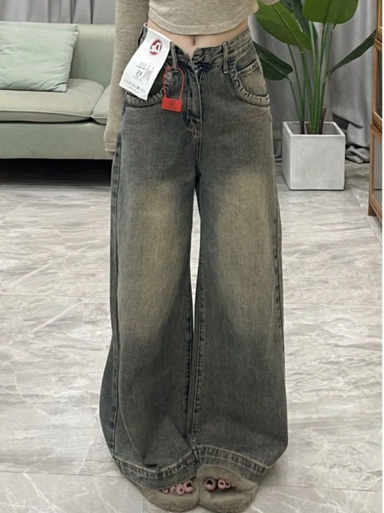 

Retro Waed Wide Leg Denim Jeans Women's Winter Small Size High Waist American Straight Loose Dra Floor-Length Pants