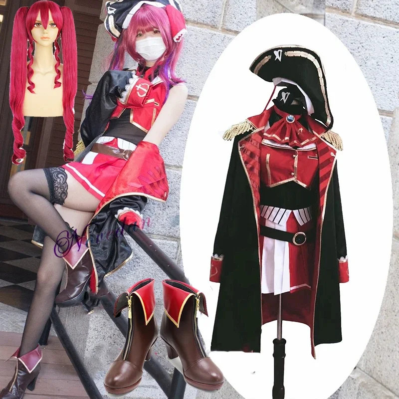 Anime VTuber Hololive Houshou Marine Captain Uniform Dress Cute Suit Shoes Wig Cosplay Costume Women Carnival Party