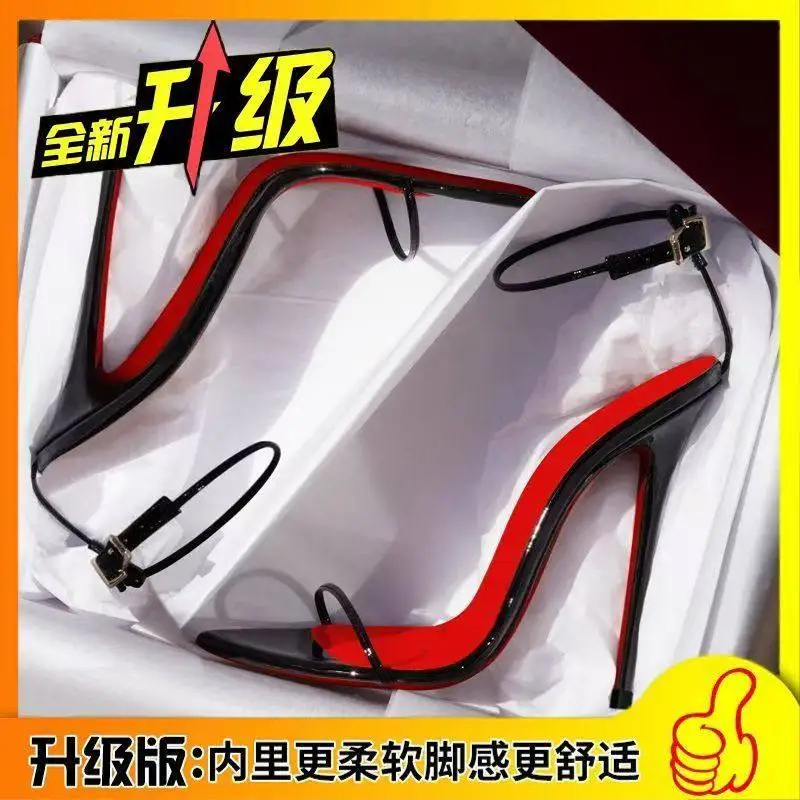 Black Red Sexy Sandals Metal Buckle Straps High Thin Heel Shoes for Women Pointed Open Toe Shoes Handmade Summer Women Sandals
