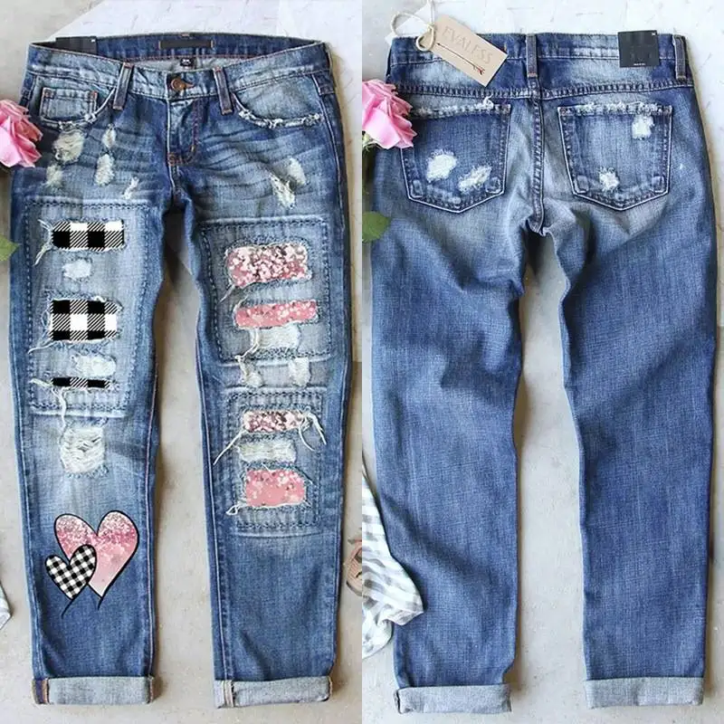 

2023 Women's Straight Leg Denim Jeans Personalized Patchwork Print Long Trousers Non-Stretch European Style Winter Collection
