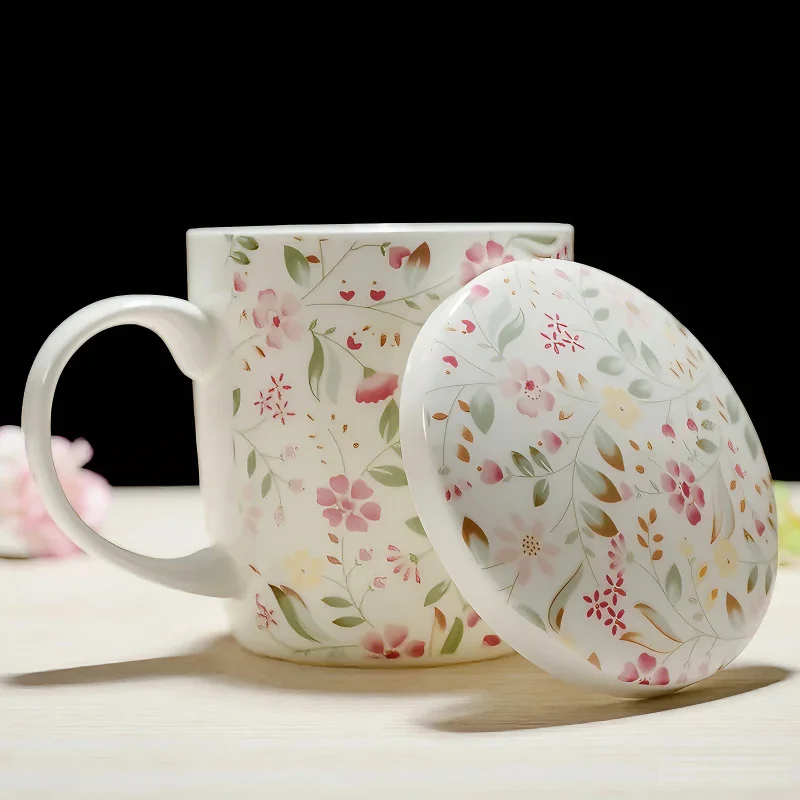 350ML, real bone china coffee cup, floral design, porcelain original breakfast cups, ceramic cups and mugs with lid, cute mug