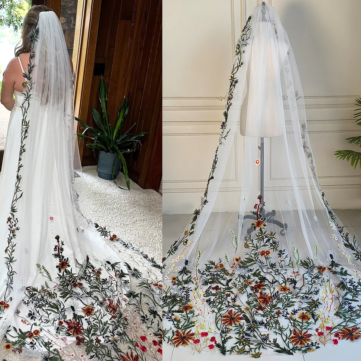 Wildflower Embroidered Colored 2.5 Meters Wedding Veils Multicolor Hand Made Floral Soft Tulle Bridal Veil With Comb Customized