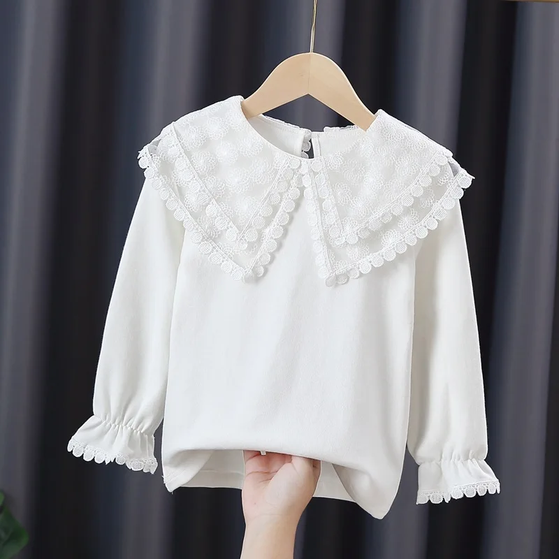 new delivery spring autumn winter velvet fleece children kids baby white T shirt 3-9year students girl clothes lace flower