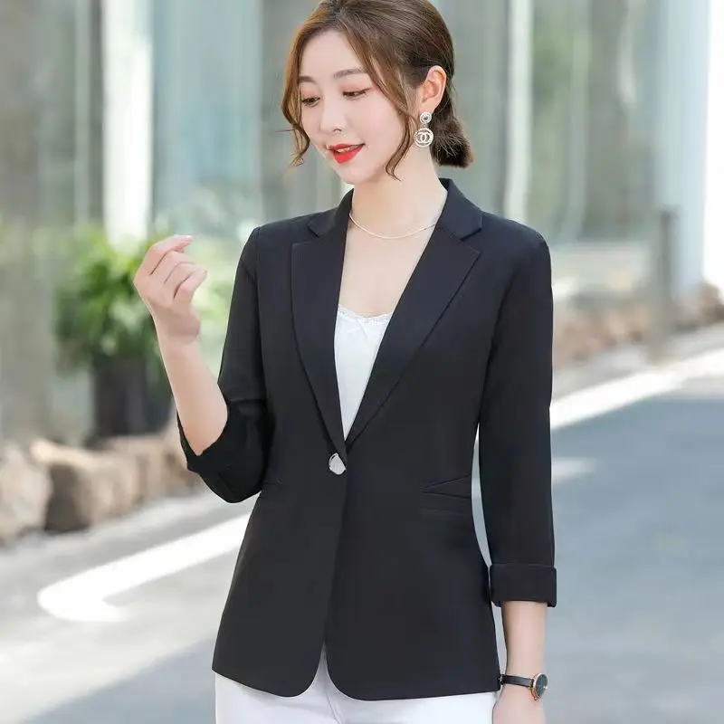 Notched Button Skinny Temperament Solid Color Formal Office Lady Fashionable Blazers Three Quarter Sleeve Women\'s Clothing Thin