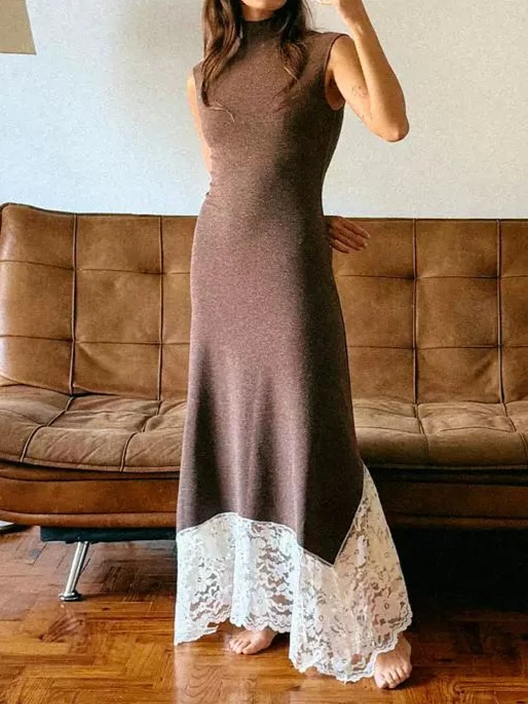 أزياء نصف الياقة العالية سليم صالح فستان طويل المرأة مثير أكمام فساتين السهرة أنيقة الدانتيل الربط بلون حزب اللباس #5