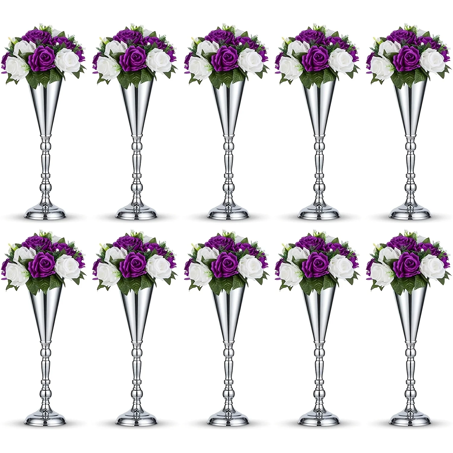 

10pcs Tabletop Silver Metal Wedding Flower Trumpet Vase, Table Decorative Centerpiece Artificial Flower Arrangements For Anniversary Ceremony Party Birthday Event Aisle Home Decoration