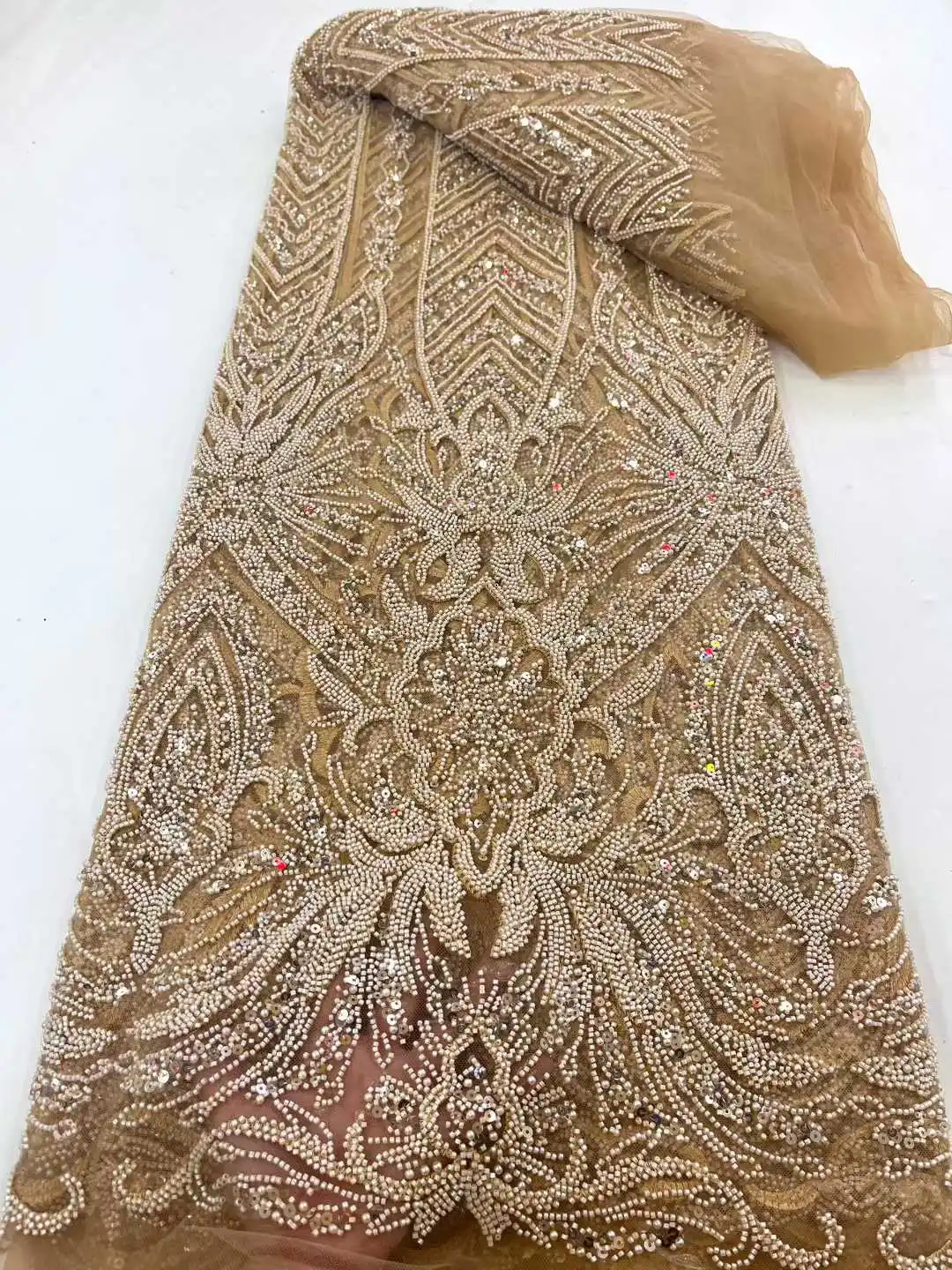 Exquisite Tube Bead Embroidery  & Popular Beads Embrdoiery Fabric French Net Tulle Lace, Luxury Wedding & Evening Gowns ,Dresses