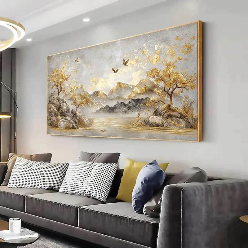 

Large Modern Abstract Canvas Wall Art Mountain Landscape with Trees, Birds Frameless Decor, Extra Long Up Modern Home Decoration