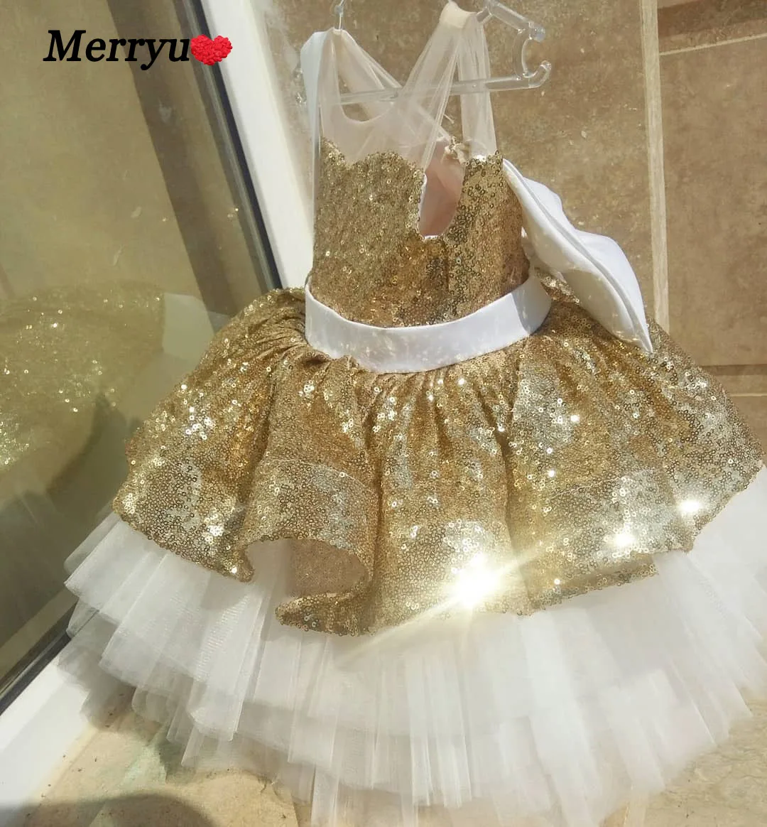 Shinny Sequined Flower Girls Dress for Kids with Belt Toddle Party Gown Layered Tutu Dress Children New Year Dress Clothing