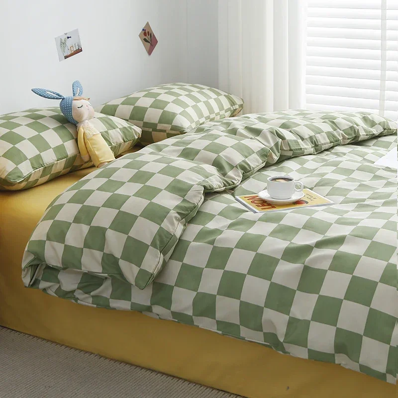 

5 Size Available! Green Check Print Beddings Bedding Set 1 PCS Duvetcover 1 PCS Yellow Bed sheet 1/2PCS Pillowcases M011