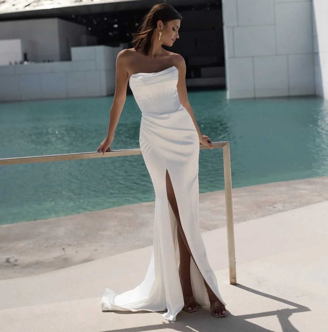 Vestido de Novia de satén elegante sirena Vestido de Novia cariño hasta el suelo satén suave con abertura lateral vestidos de Novia bata preciosa