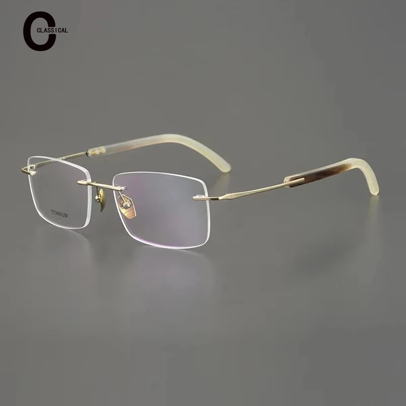 Natural Buffalo Horn Pure Titanium Square Rimless Frames Optical Glasses Can Be Customized Lenses for Men and Women Frames