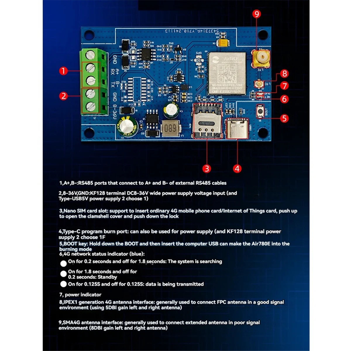 Práctico módulo Air780E 4G a RS485, módulo de transmisión de datos 4G a RS485, compatible con firmware en desarrollo LUATOS