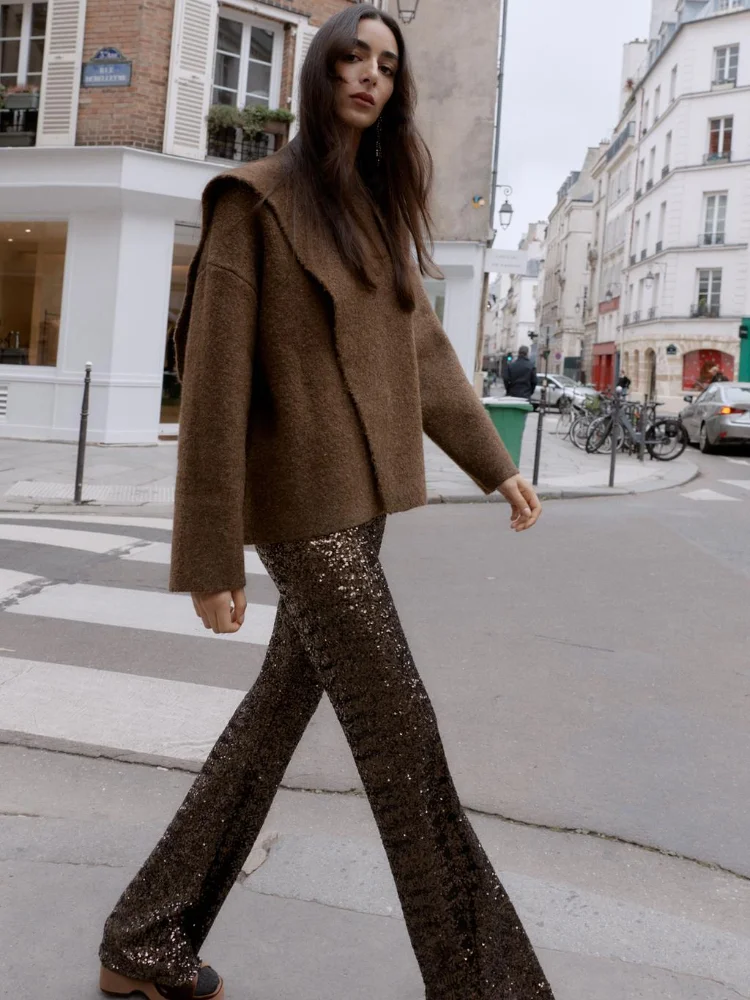 

Casual Brown Scarf Collar Knitted Coat Fashion Solid Dropped Shoulder Full Sleeve Loose Short Coats 2025 Lady Daily Commute Wear