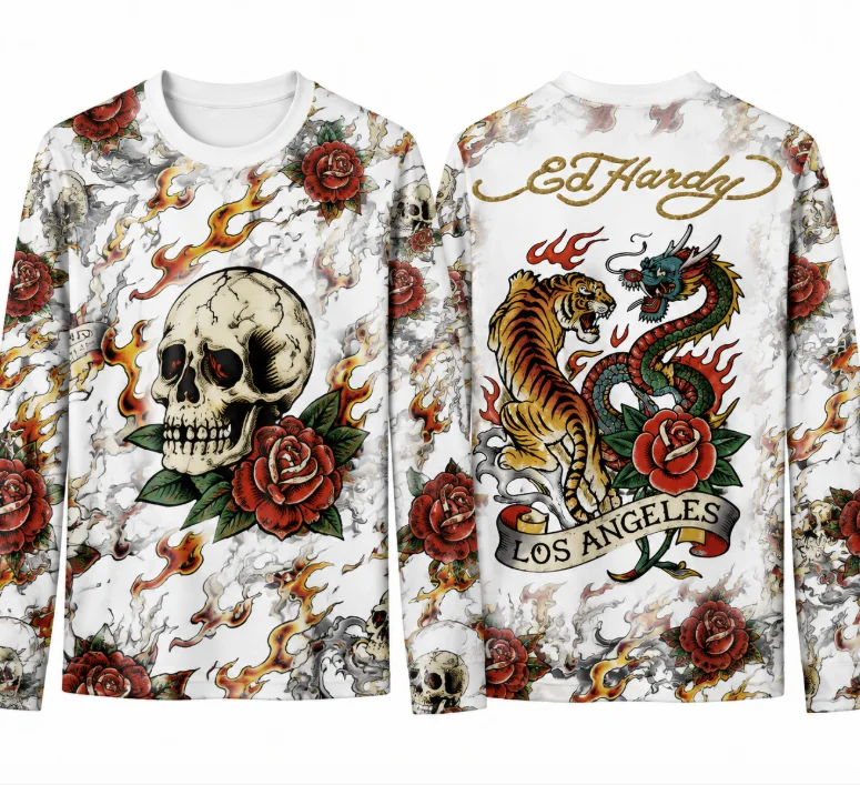 Vintage Graphic Long Sleeve T‑Shirt Skull Rose Dragon Tiger Flame All Over Print Tee Y2K Streetwear Casual Tops For Men Women