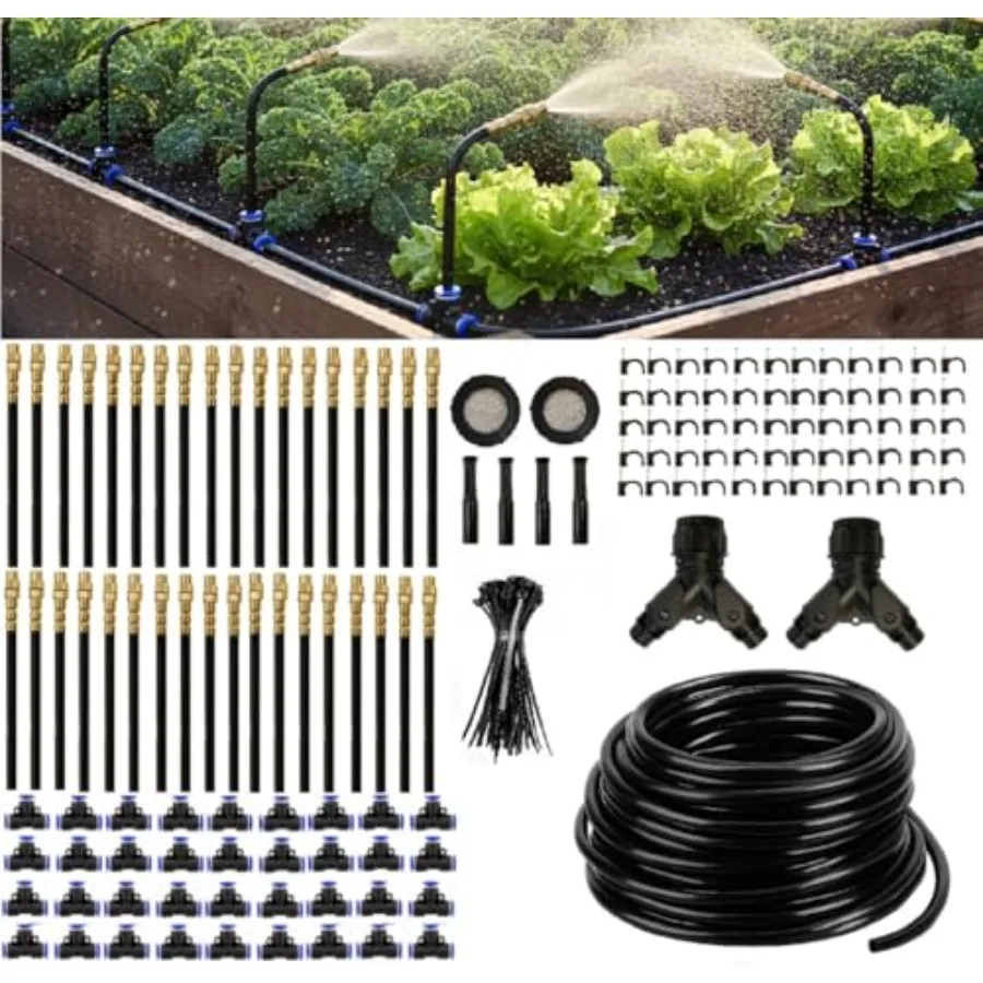 

Автоматическая система полива для сада, 60-метровый улучшенный комплект капельного и распылительного орошения с 36 регулируемыми медными форсунками для приподнятых грядок и открытых участков