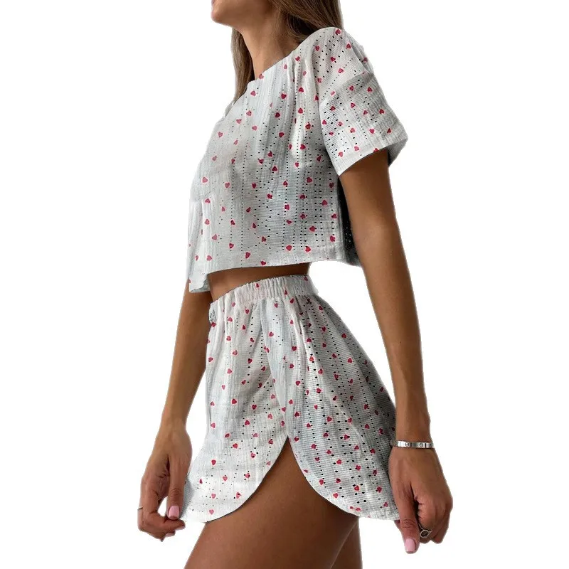 Femmes pyjamas ensemble été mode évidé manches courtes haut Shorts vêtements de nuit femme ample confortable maison vêtements chemise de nuit ensemble