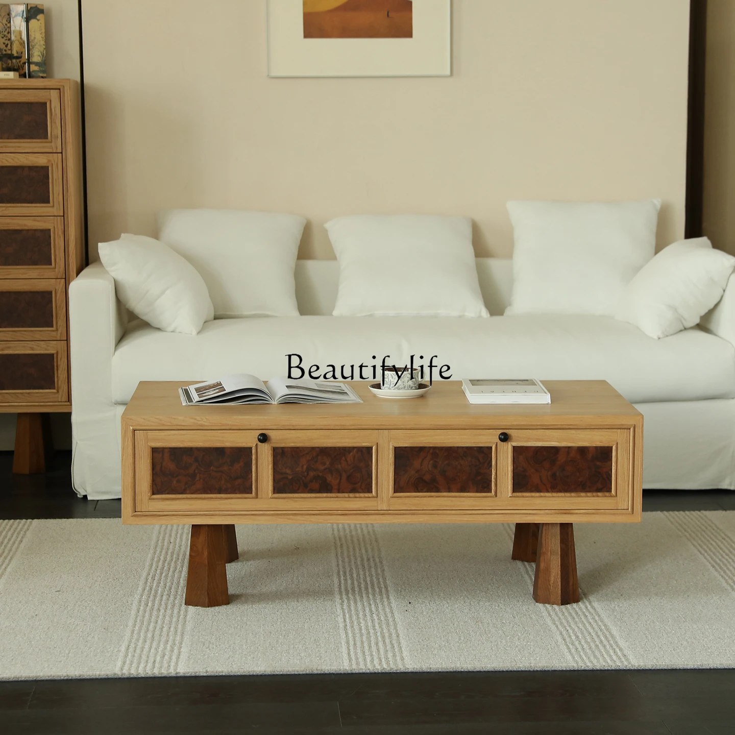 

**Medieval style coffee table solid wood storage cabinet black walnut tree tumor surprise silent rectangle