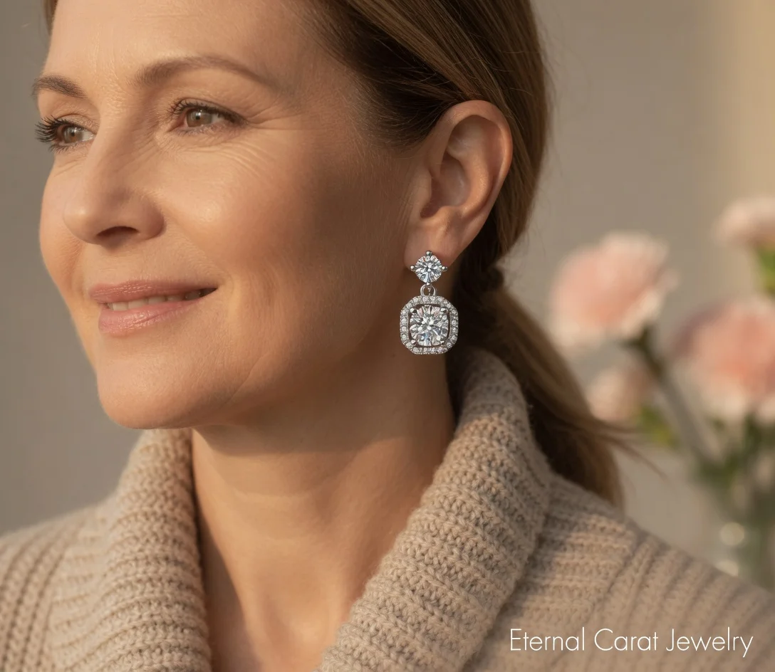 Mother's Day Gift PT950 Platinum Moissanite Square Halo Drop Earrings for Mom Light Luxury Ear Jewelry
