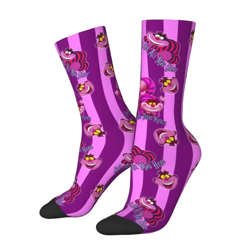 

Custom Cheshire Cat Cartoon Men's Crew Socks Unisex Kawaii Alice in Wonderland Spring Summer Autumn Winter Dress Socks