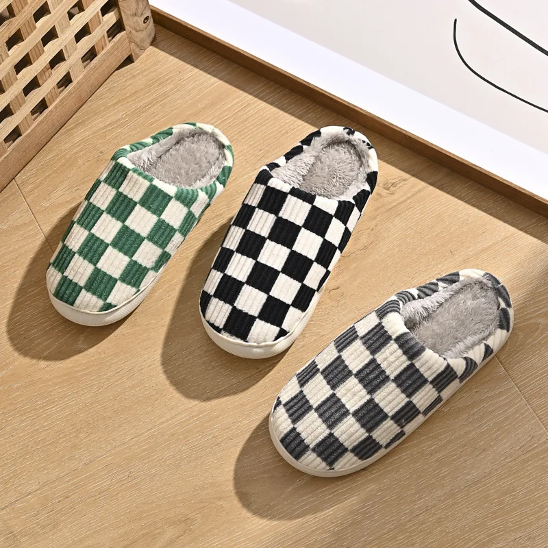 Shoes For Women Winter Home Slippers Checkered Faux Fur TPR Light Sole White Black Chessboard Plaid Shoes Best Gift Woman Shoes